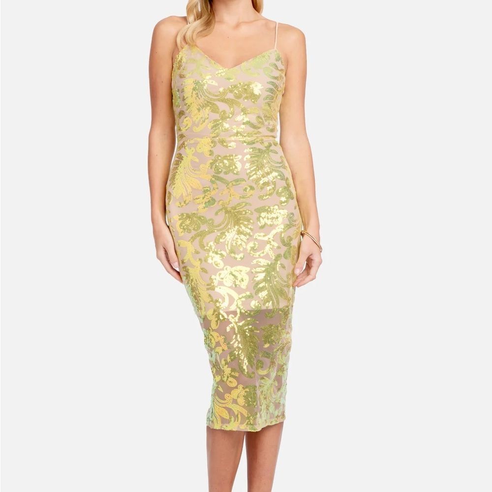 NWT Bebe Sparkle Mesh Midi Dress Lime Gold Sequin Slip Dress Women’s Size XL NEW